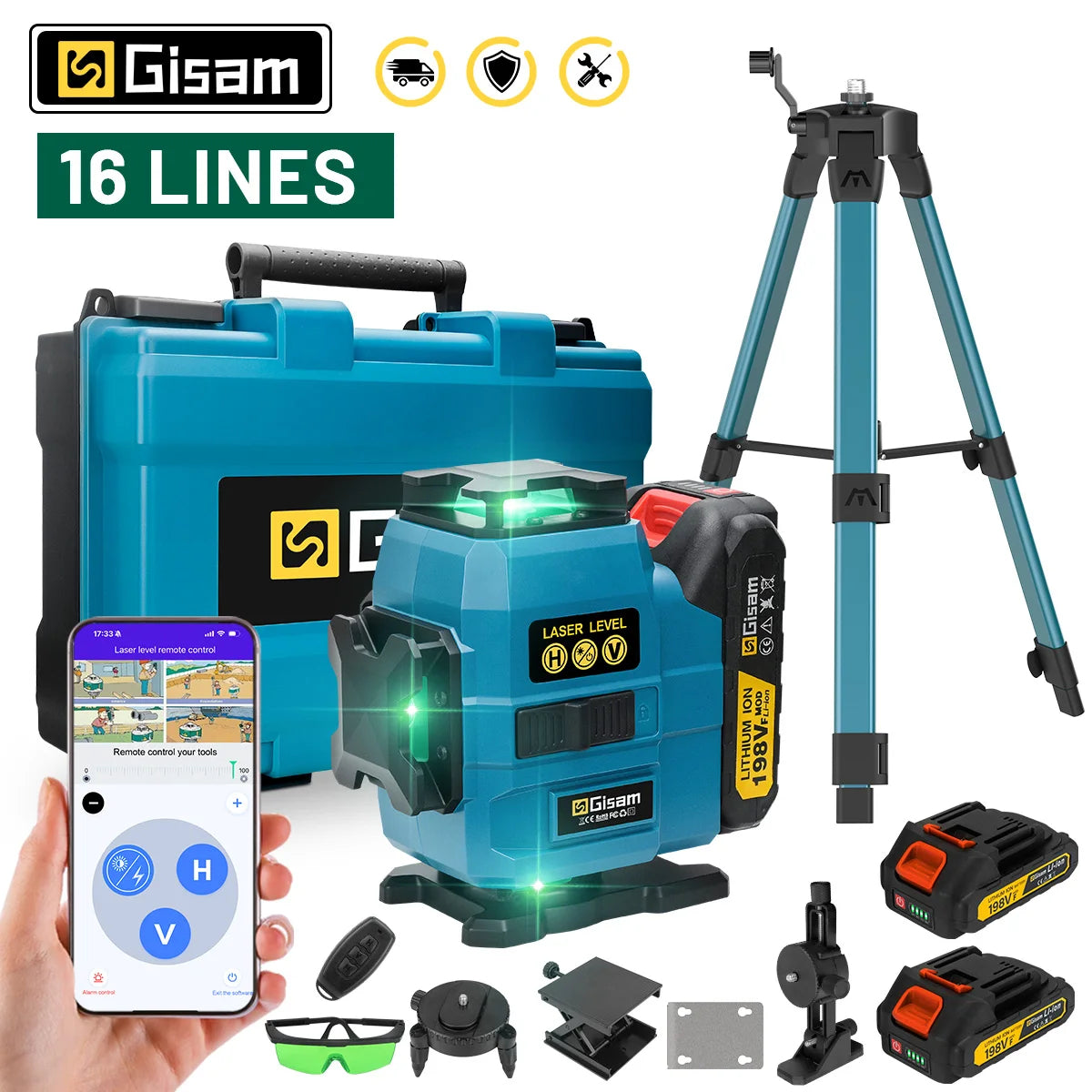 Niveau laser 4D 16 lignes 360° Gisam — Faisceau vert — Compatible Makita 18V — Coffret complet