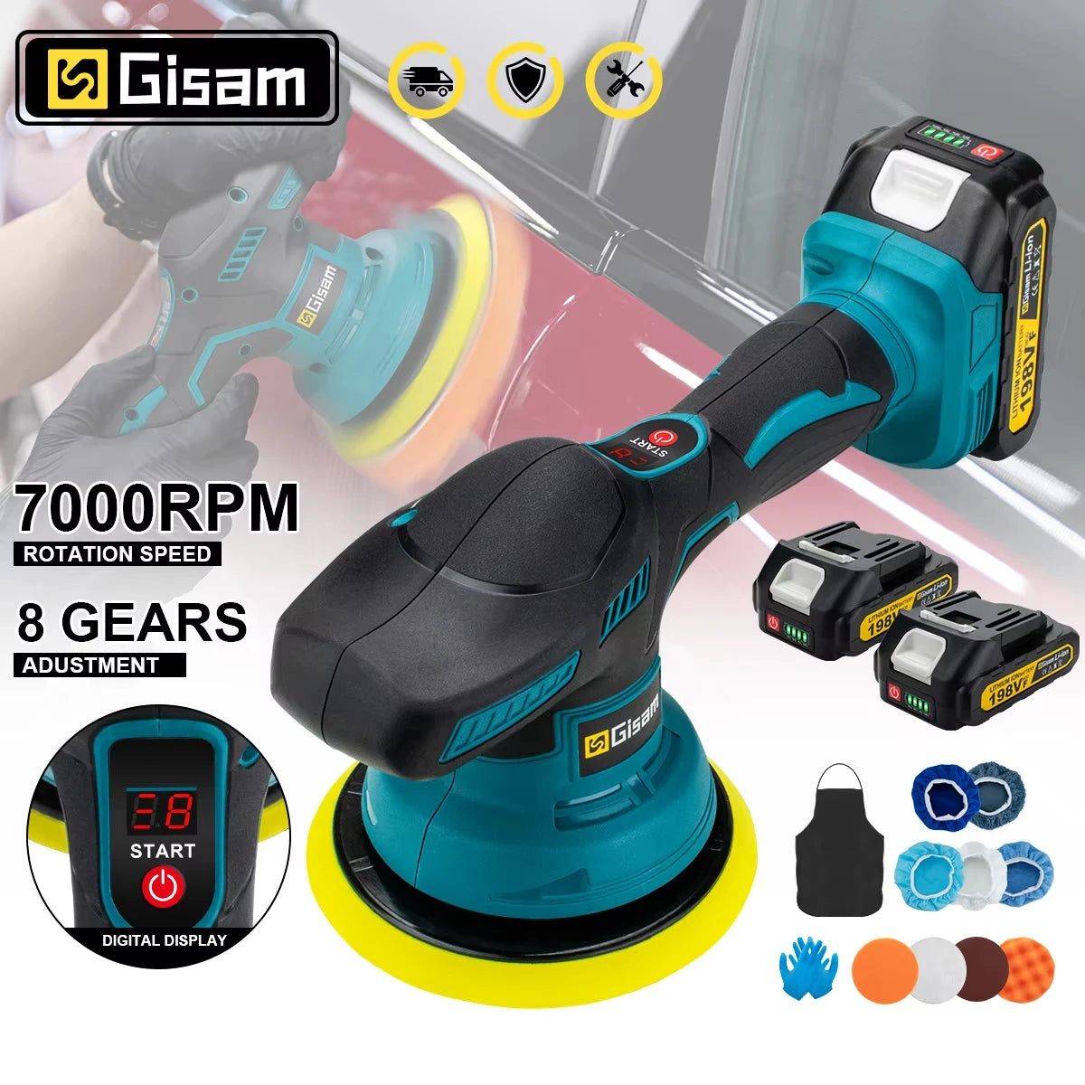 Polisseuse voiture sans fil 18V 8 vitesses Gisam — Compatible Makita — Coffret complet