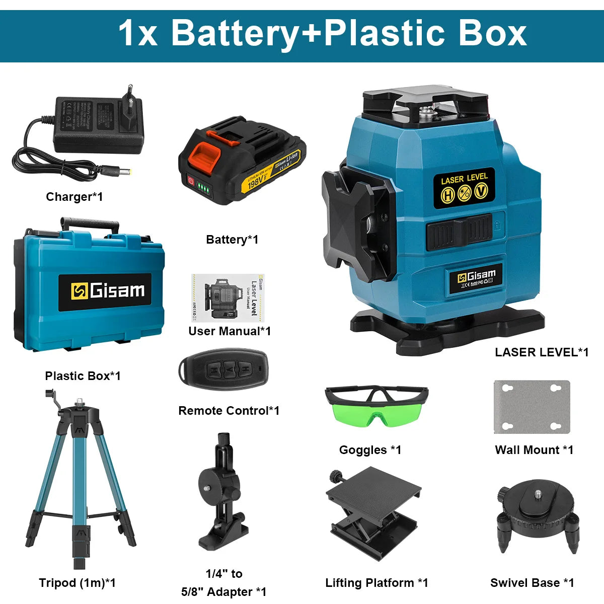 Niveau laser 4D 16 lignes 360° Gisam — Faisceau vert — Compatible Makita 18V — Coffret complet