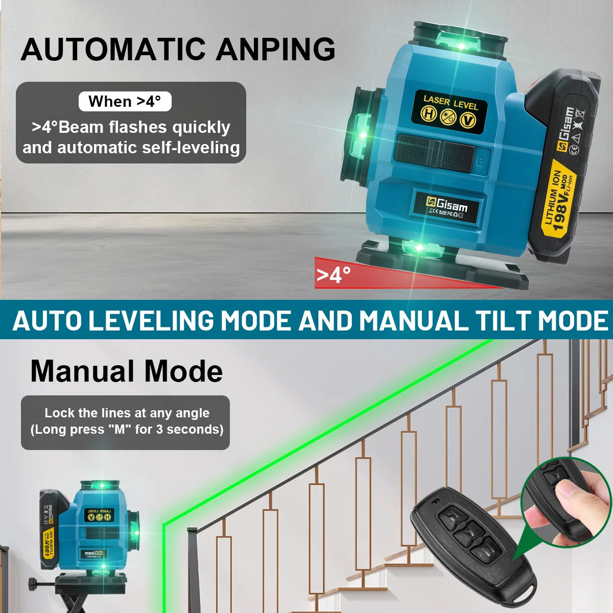 Niveau laser 4D 16 lignes 360° Gisam — Faisceau vert — Compatible Makita 18V — Coffret complet