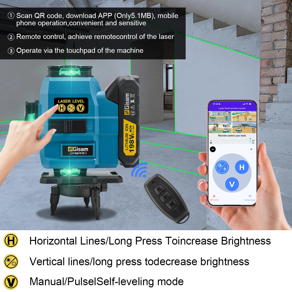 Niveau laser 4D 16 lignes 360° Gisam — Faisceau vert — Compatible Makita 18V — Coffret complet