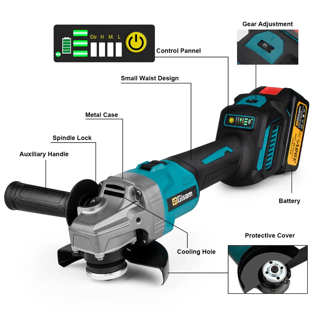 Meuleuse d'angle sans fil 18V 125mm 7 vitesses Gisam — Moteur brushless — Compatible Makita