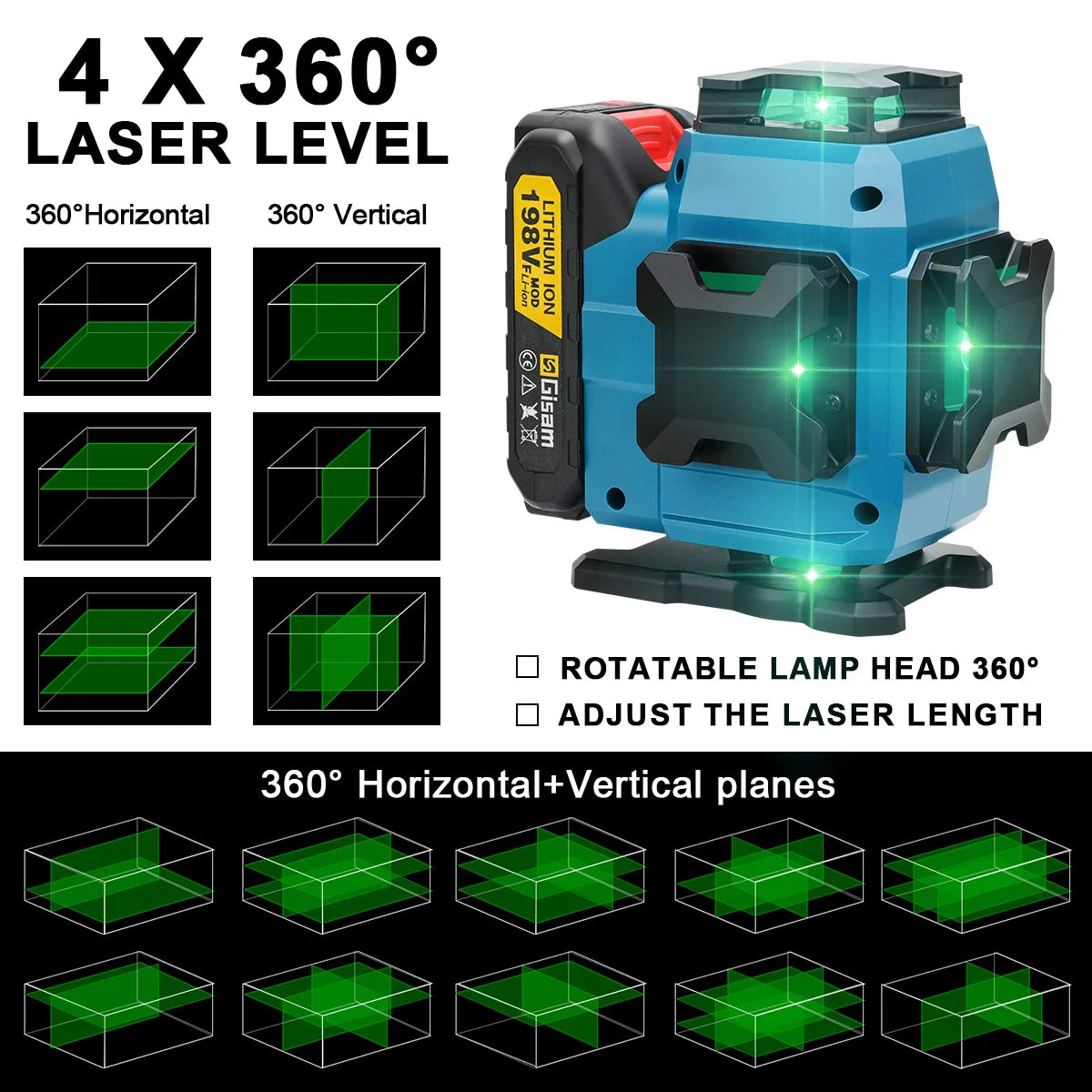 Niveau laser 4D 16 lignes 360° Gisam — Faisceau vert — Compatible Makita 18V — Coffret complet