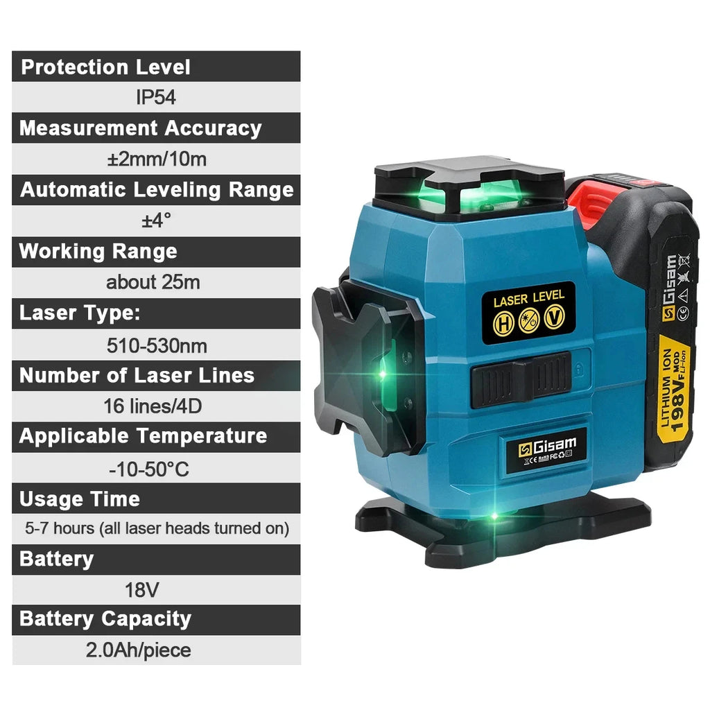Niveau laser 4D 16 lignes 360° Gisam — Faisceau vert — Compatible Makita 18V — Coffret complet