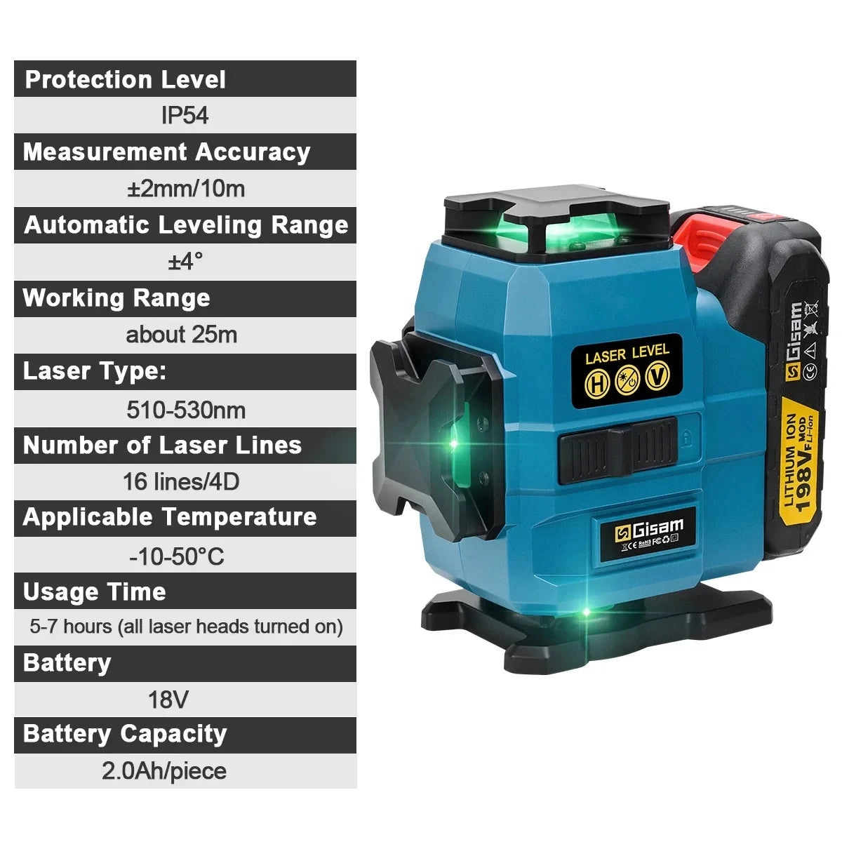 Niveau laser 4D 16 lignes 360° Gisam — Faisceau vert — Compatible Makita 18V — Coffret complet
