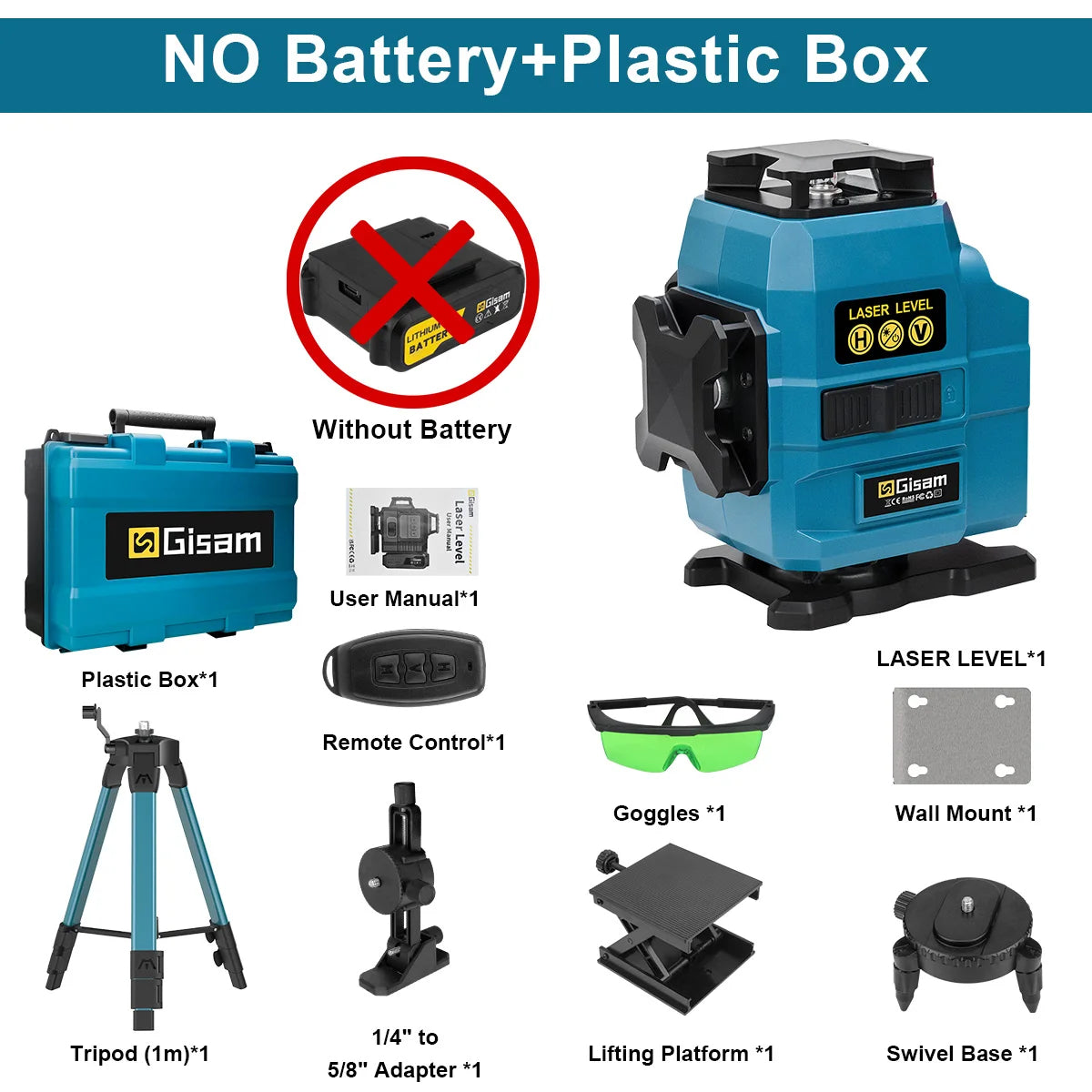 Niveau laser 4D 16 lignes 360° Gisam — Faisceau vert — Compatible Makita 18V — Coffret complet